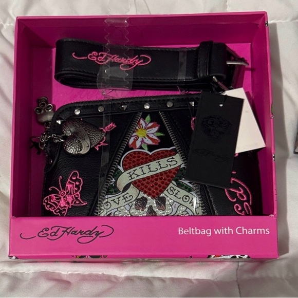 Ed Hardy Black and Pink Belt Bag with Floral Design